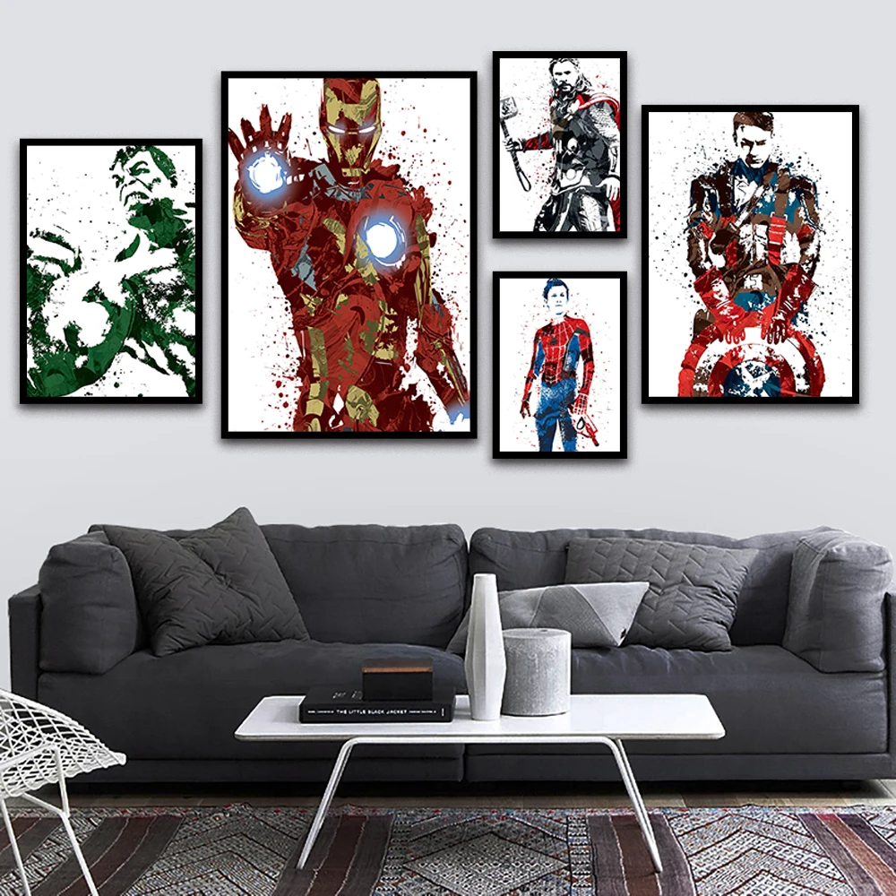 Póster artístico de pared en lienzo de la película Marvel Avengers, Iron Man, Spiderman, Hulk, Capitán América, decoración del hogar, pintura de acuarela impresa