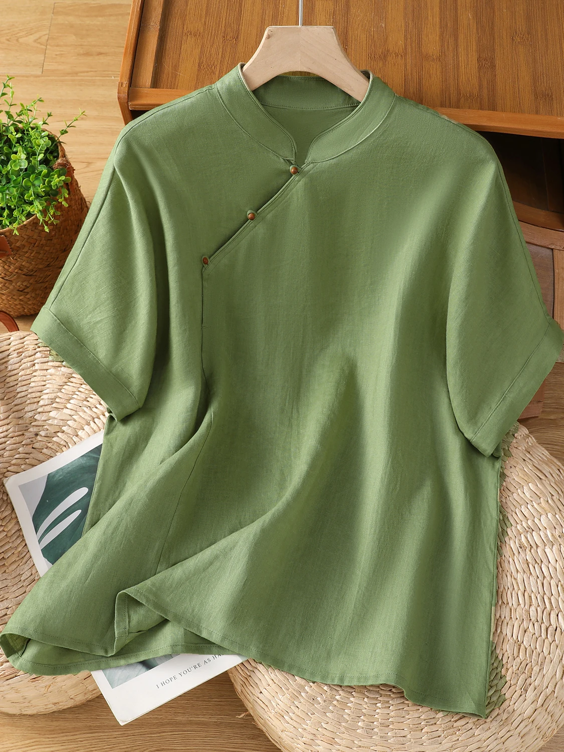 

New Chinese Sle Retro Pure Color Cotton Linen Overhead irt Large Size Women's Slanting Chest ort Sve Stand Collar Ze...