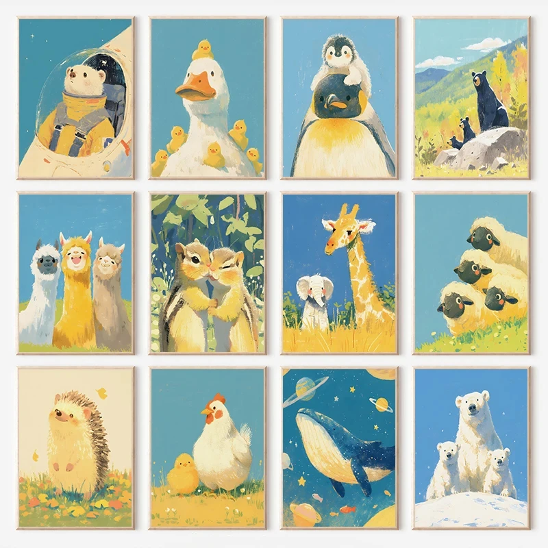 Cartoon Animals Penguin Bear Chipmunk Shiba Inu Lovely Poster Prints Canvas Printing Wall Art Picture for Living Room Home 