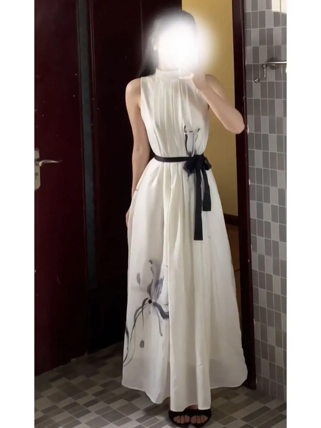 New Chinese Style Watercolor Print Sleeveless Waist-Cinching Dress Women's Summer Belted Long Fairy Skirt Holiday Vibes