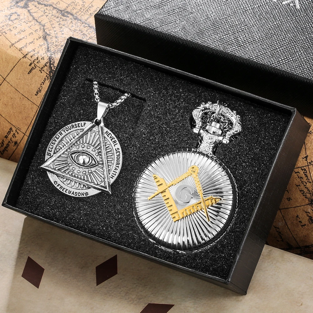 Masonic Pocket Watch Necklace Gift Set Quartz Arabic Numerals Dial Necklace Pocket Clock Freemasonry Pendant Chain Men Women