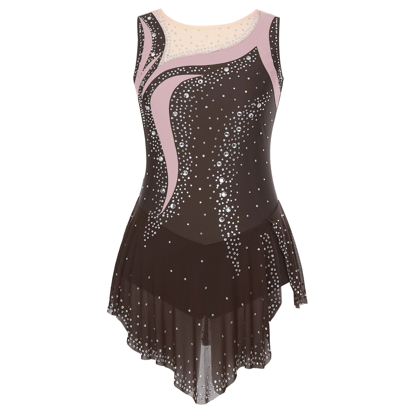 Women Figure Skating Dance Rhythmic Gymnastic Dresses Glittery Rhinestones Leotards Overlay Dress Stage Performance Competition