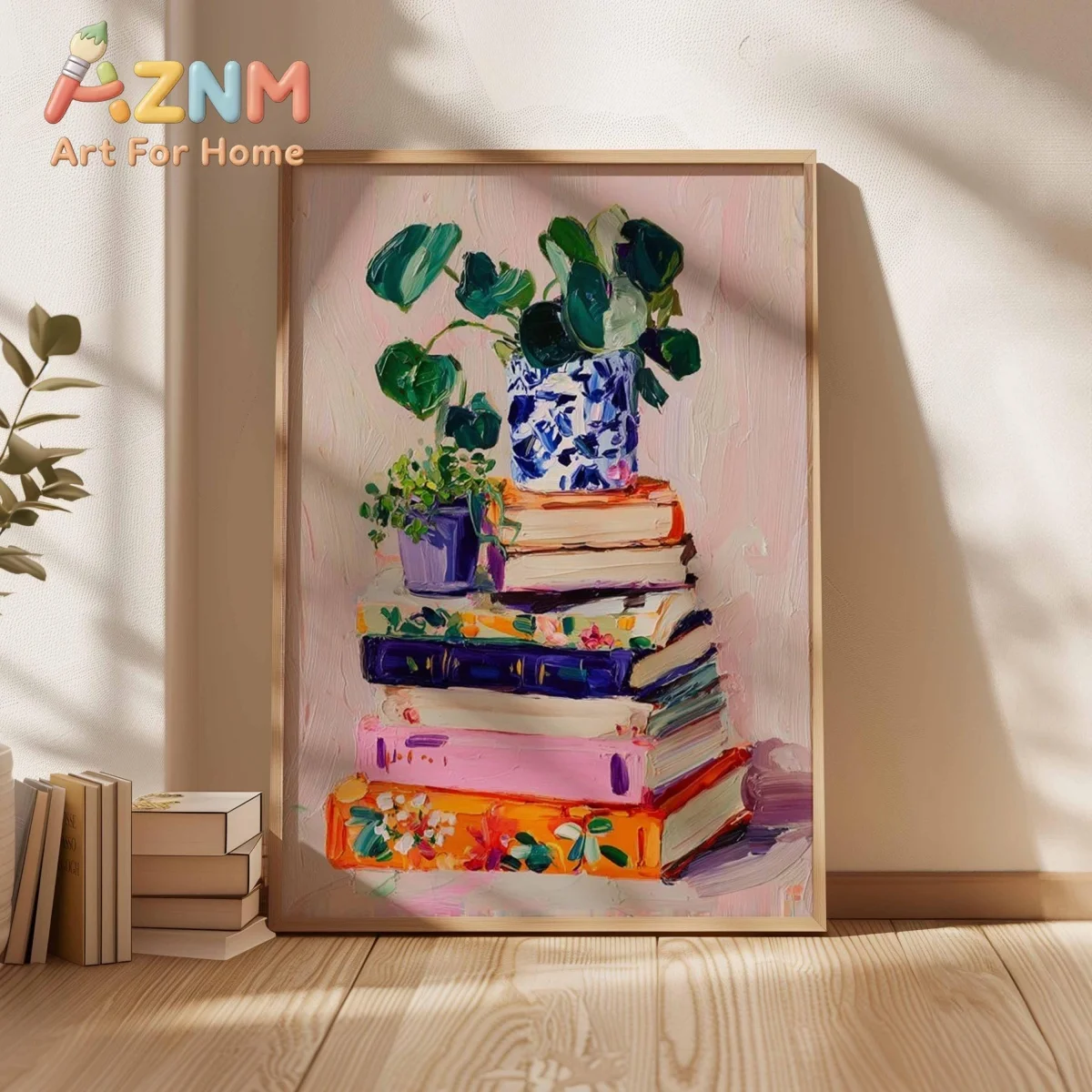 Plant and Books Canvas Print Poster Cozy Colorful Book Stack Impressionist Art Prints Living Room Bedroom Wall Art Home Decor