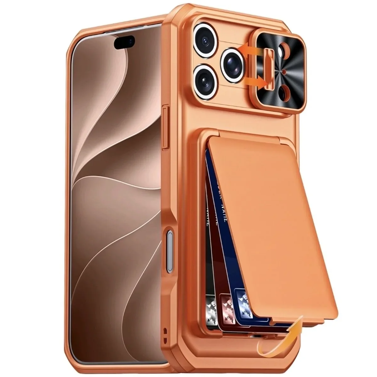 Etui na telefon iPhone 18 Pro Max, 17 Pro, 15 Pro Max z przesuwaną osłoną na aparat i funkcją podstawki, z uchwytem na karty, wykonane z PC+TPU, odporne na upadki.