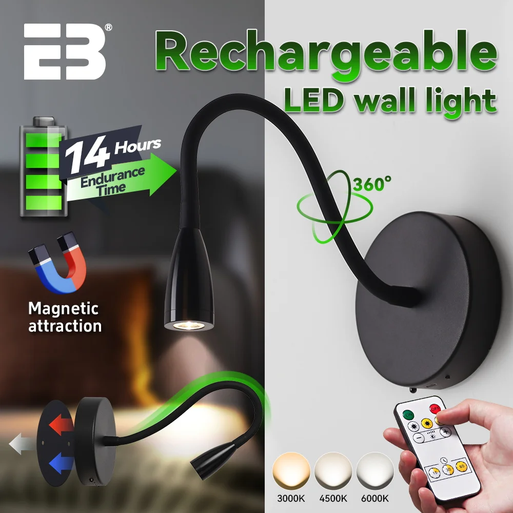 

Wireless Wall lights Sconces USB-C LED Wall Lamp Battery Operated 4400mAh Adjustable Arm Bedroom Night Light Dimming Black