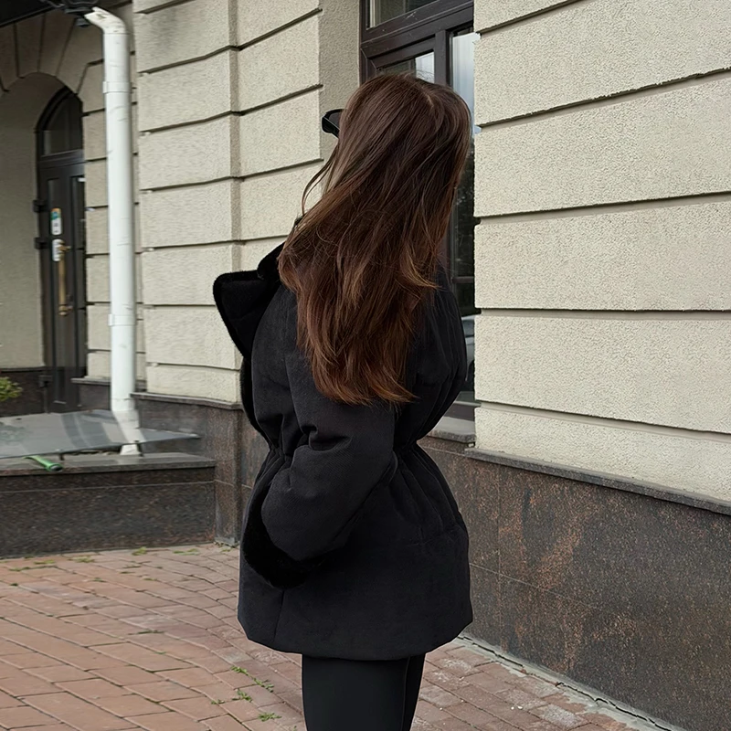 Casual Thicken Fur Patchwork Coats Women Full Sleeve Lapel Double Breasted Closed Waist Jackets Female 2026 Winter Lady Outwears