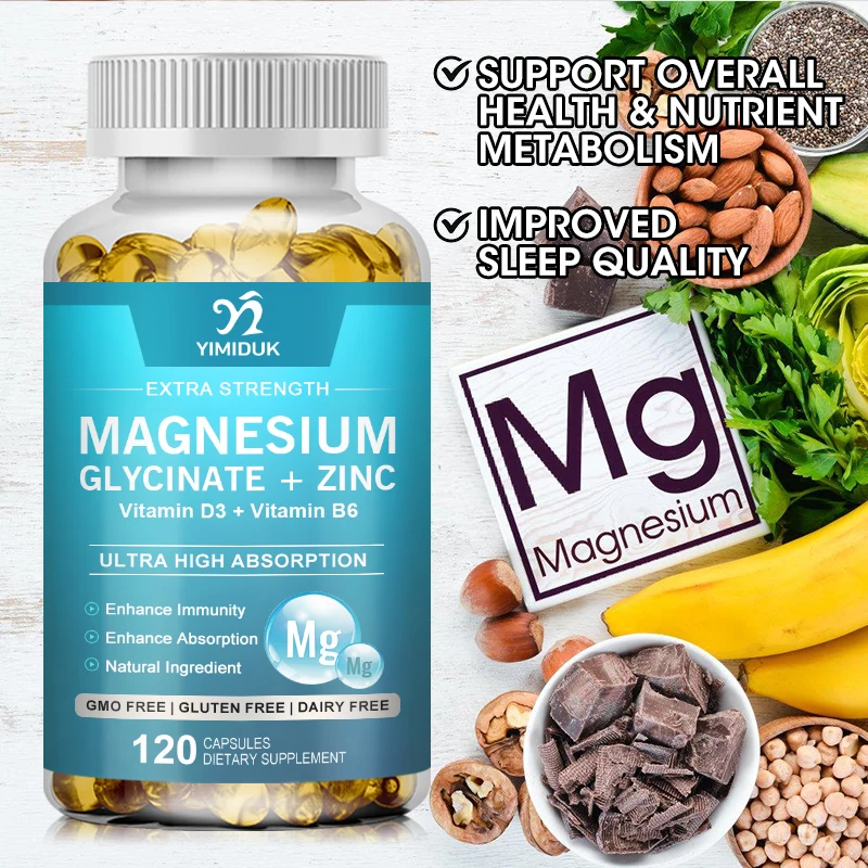 Magnesium Glycinate Capsules 500mg with Zinc, Vitamin D, B6, Mood Calming, Sleep Promoting Energy & Bone Support