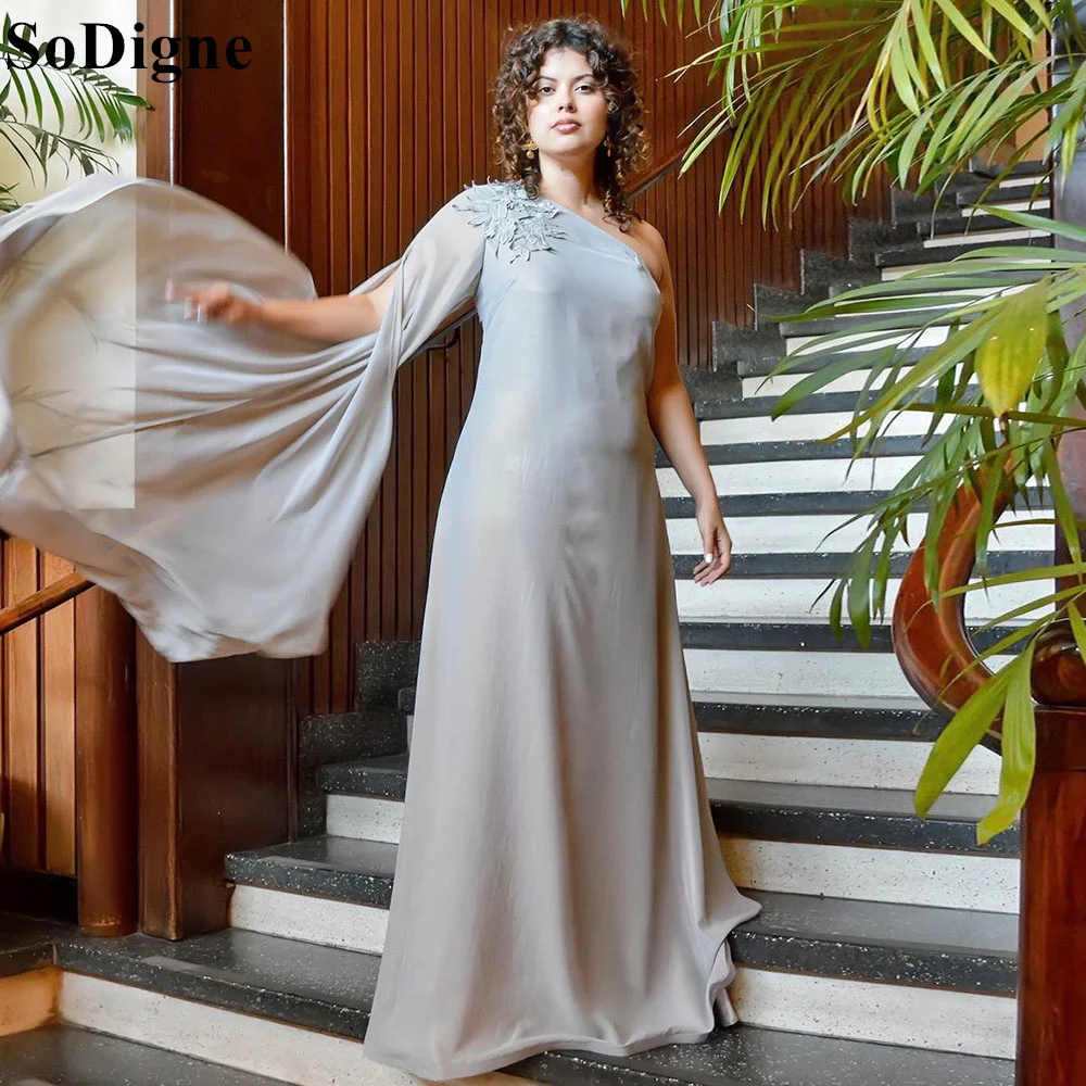 

SoDigne Elegant One Shoulder Chiffon Evening Dresses A-Line Appliques Cape Sleeves 2024 Saudi Arabic Formal Occasion Prom Gown