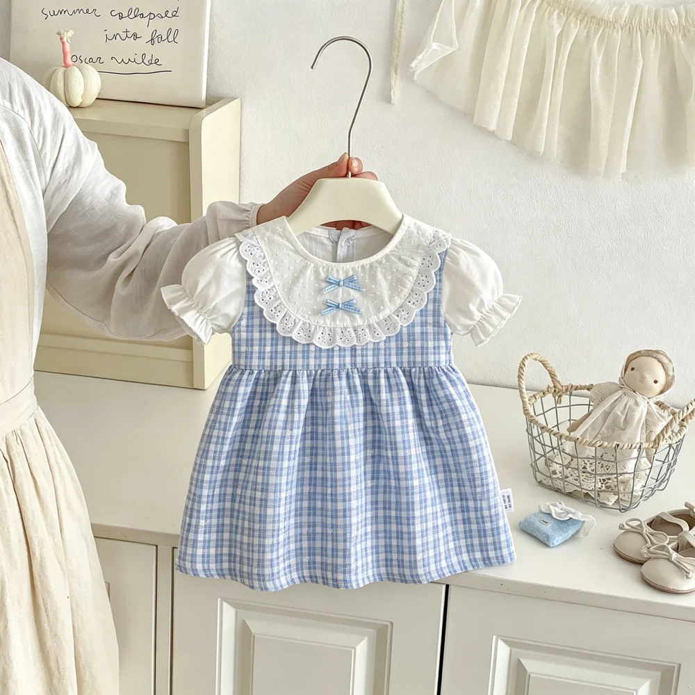 Baby Dress Summer Plaid Bow Short Sleeved Baby Girl Dress Cute Casual Beach Children's Dress Baby Girl Clothes ﻿