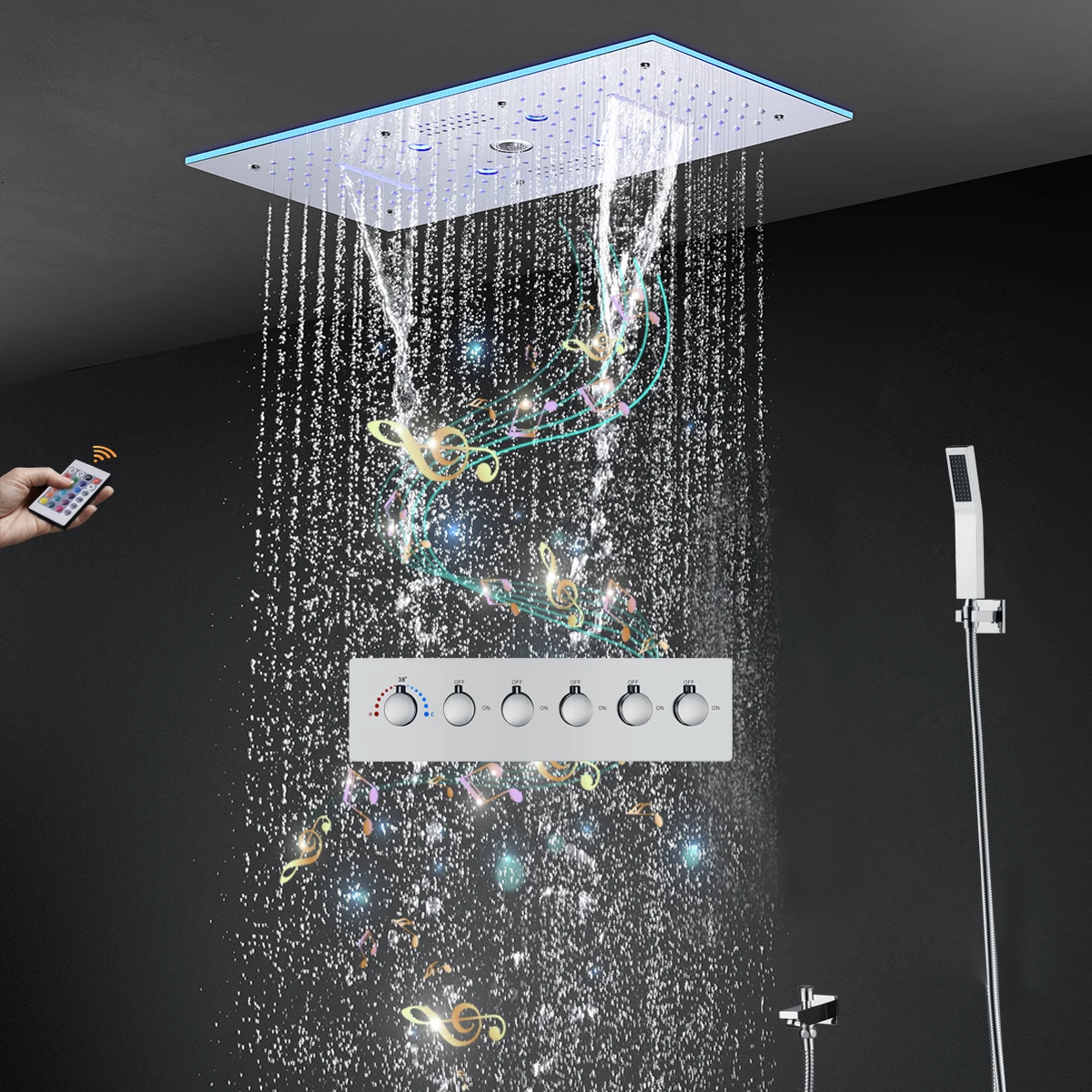 

Luxury Music Shower LED Bathroom 5 Functions Shower Set Thermostatic Column Massage Waterfall Rain Mist Chrome surface 300x600mm