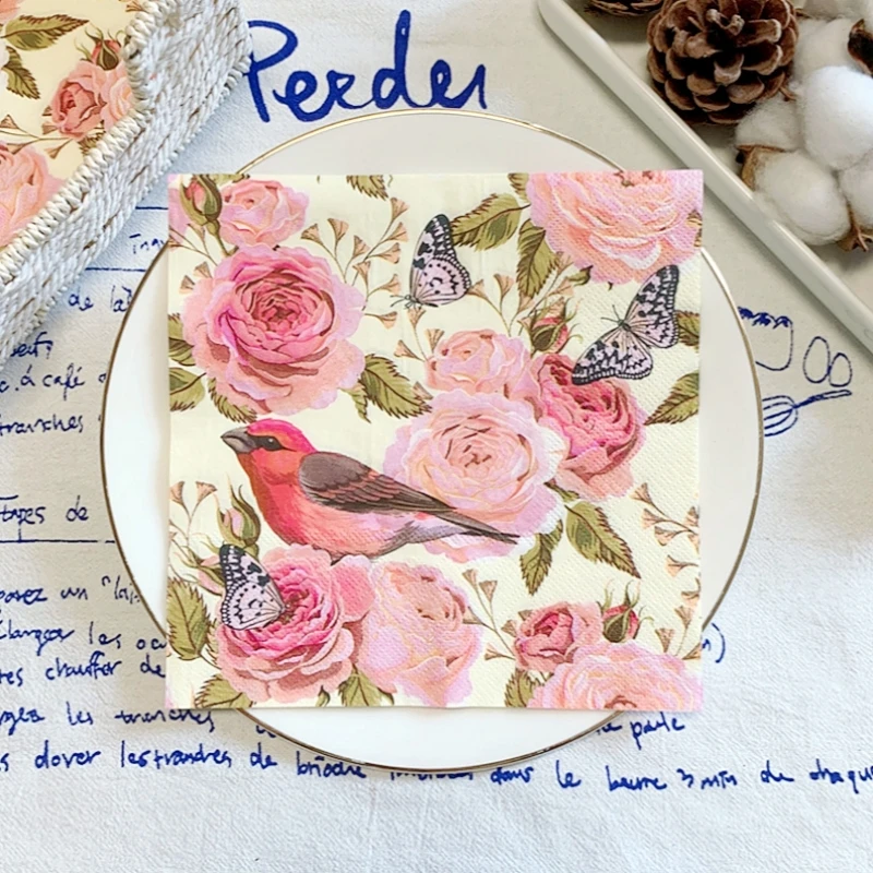 20Pcs/Pack Decoupage Paper Butterfly Birds Flower Napkins Vintage Rose Tissues for Wedding Party Supplies Serviettes Home Deccor