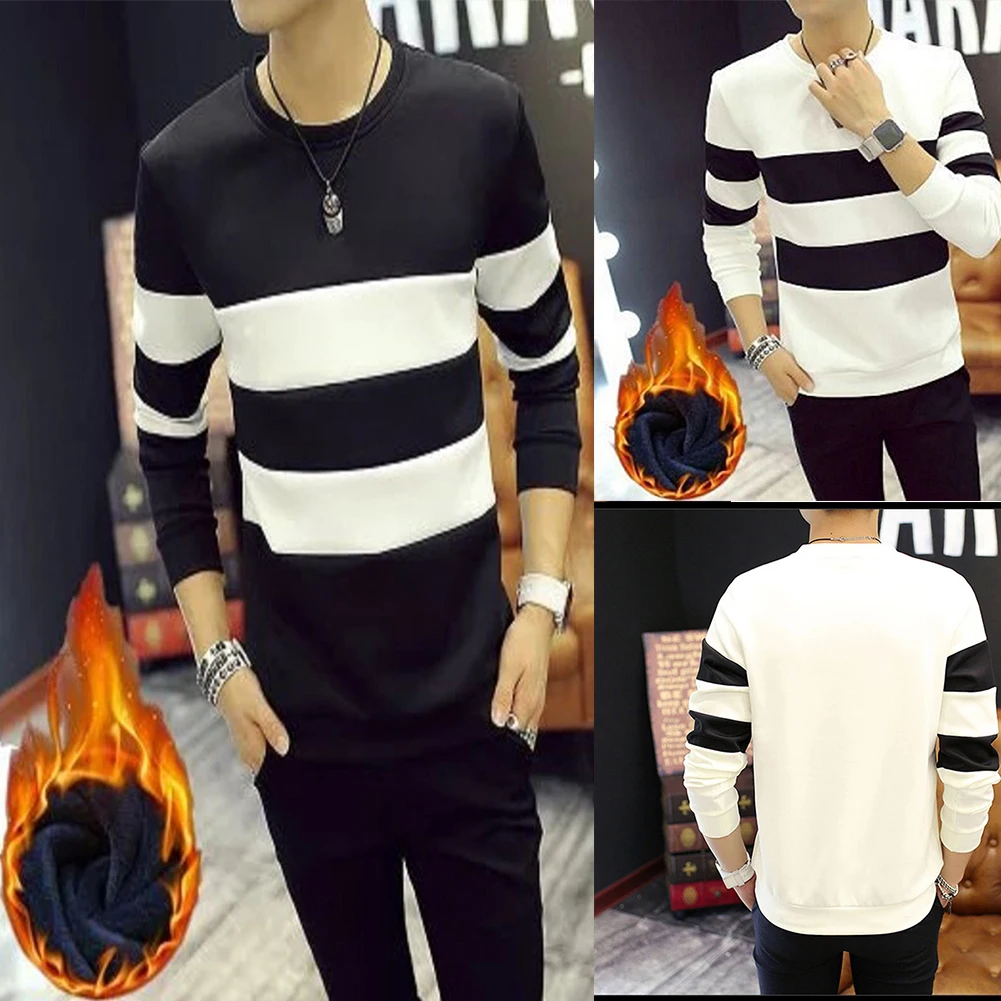 Men Fleece Lined Printed Striped Long-Sleeve Pullover Sportswear for Office Casual