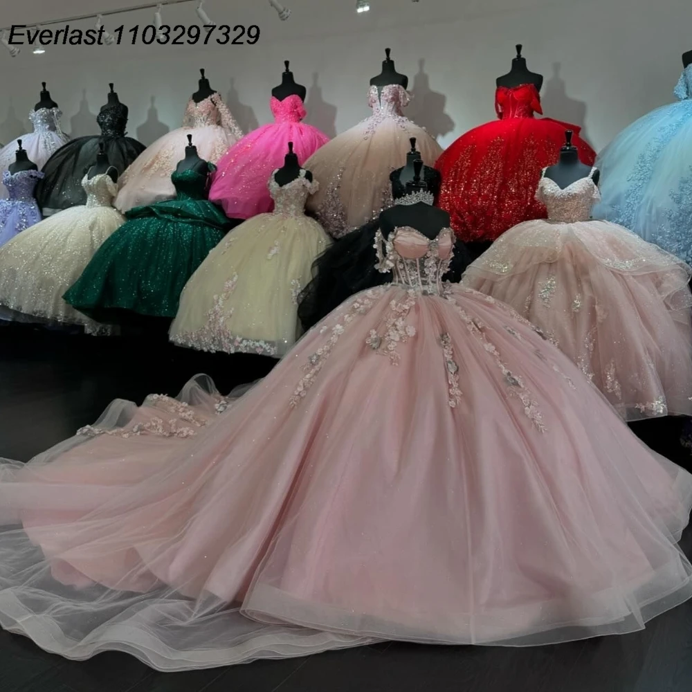 

EVLAST Розовое платье принцессы Quinceanera, бальное платье, блестящая 3D цветочная аппликация, бусины, Мексиканский корсет Sweet 16, Vestido De 15 Anos QD1047