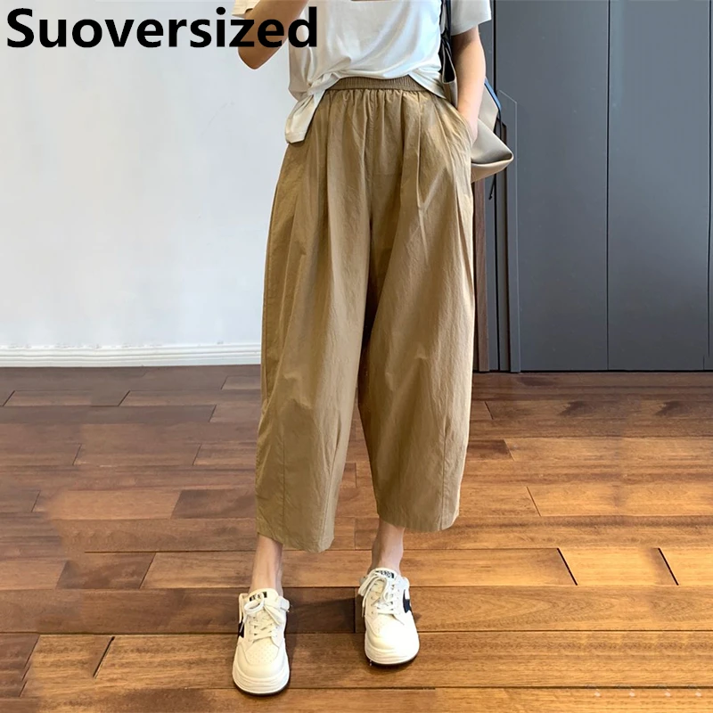 Women's Khaki Summer Thin Ankle-length Pants Baggy Casual High Waist Straight Trousers Korean Fashion Streetwear Pantalones