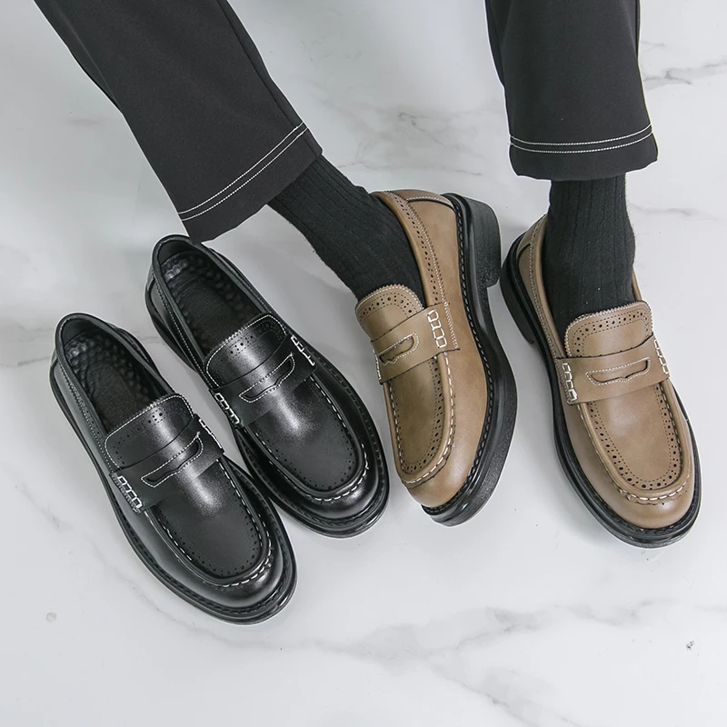 Retro Men Loafers Black Brown Men Casual One-foot Light Comfortable Fashionable Brogue Leather Shoes Size 38-46 Men Shoes