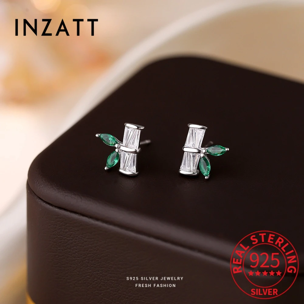 

INZATT Real 925 Sterling Silver Exquisite Zircon Bamboo Mini Stud Earrings for Women Cute Fine Jewelry Light Luxury Accessories