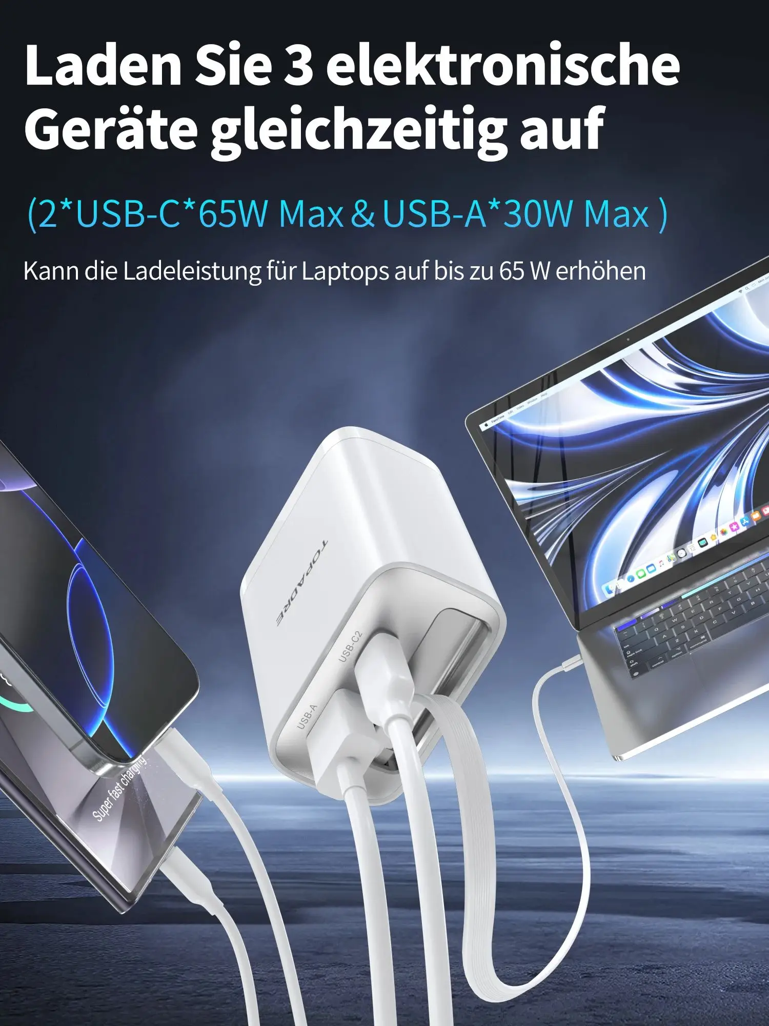 65W GaN PD3.1 Schnellladegerät mit einziehbarem Kabel, 3-Port Typ-C + USB-A Reiseadapter für iPhone, Laptops, Galaxy-Serie