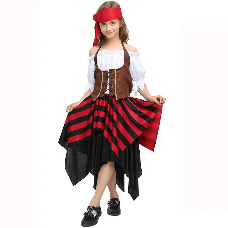 New 2025 Children Pirate Captain Cosplay Costumes With Hat For Boys Girls Crossbones Cutie Halloween CostumeRER34 RQR90