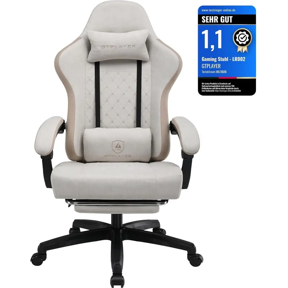 Chaise de jeu ergonomique en tissu avec coussin à ressorts, accoudoirs réglables, repose-pieds, supporte jusqu'à 150 kg, beige/marron