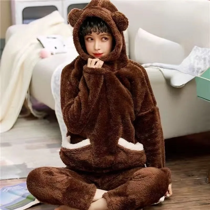 Pajamas Female Winter Coral Velvet Sleepwear Thickened Student Korean Nigthgown Cute Girls Hooded Plush Women Loungewear Set