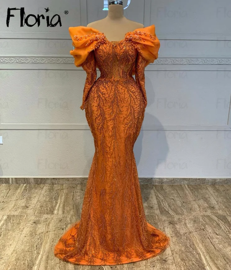 Aso Ebi Glitter Orange Party Dress Luxury Women Wedding Dinner Night Gowns Off Shoulder Long Sleeve Mermaid Birthday Gowns 2024