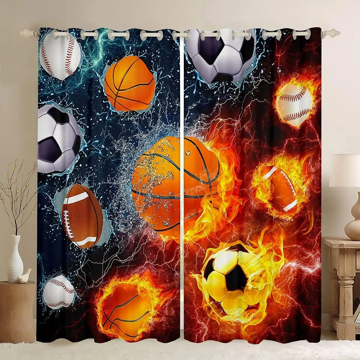 Modern Fire Soccer Football Thin Window Curtains For Boys Kids Children's Bedroom Living Room Bathroom Windows Kicthen Door Home