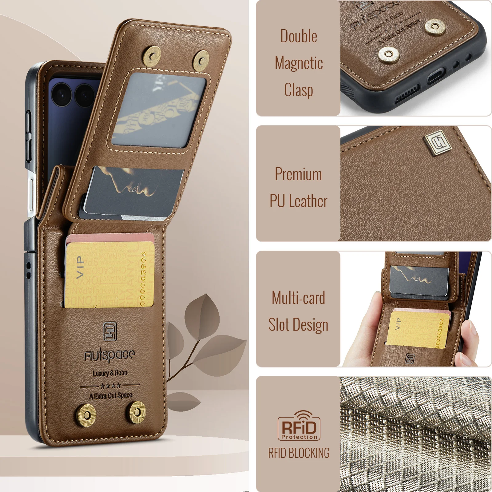 A02 RFID Blocking Wallet Phone Case For Samsung Galaxy Z Flip 8 PU Leather Vertical Flip Card Slots Cover Double Magnetic Snap