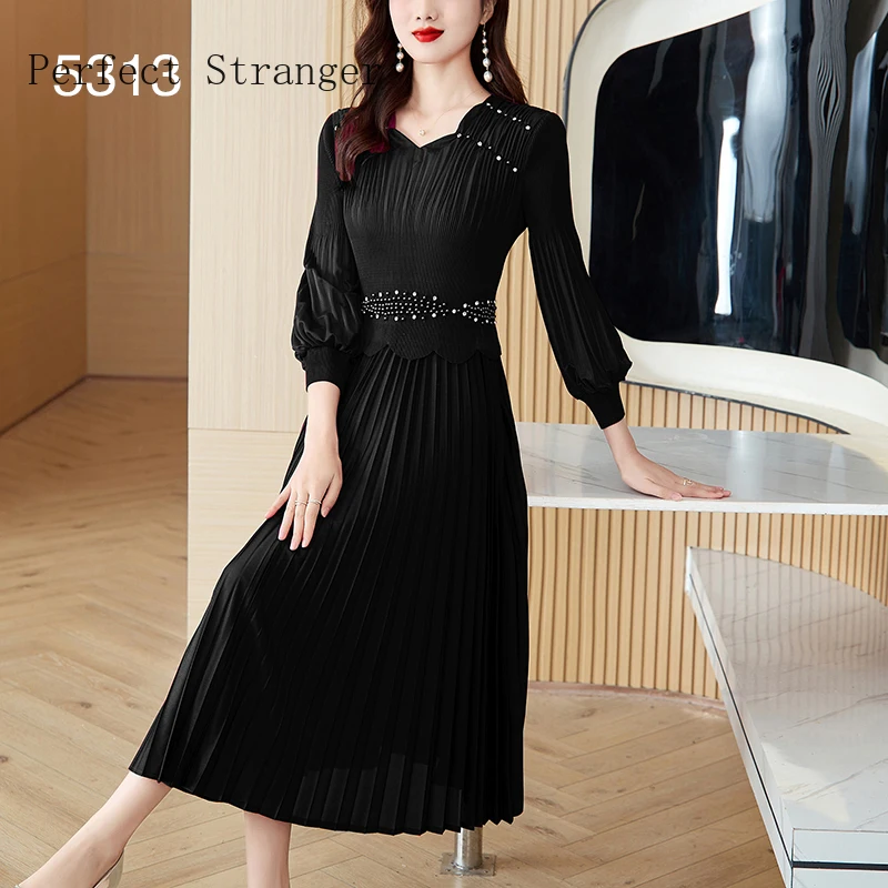 2024 Sanzhai Spring New Three Mansion Pleated Dress with Diamond Lantern Sleeve  Magic Elastic Belt for Slim  Women Long  Dress