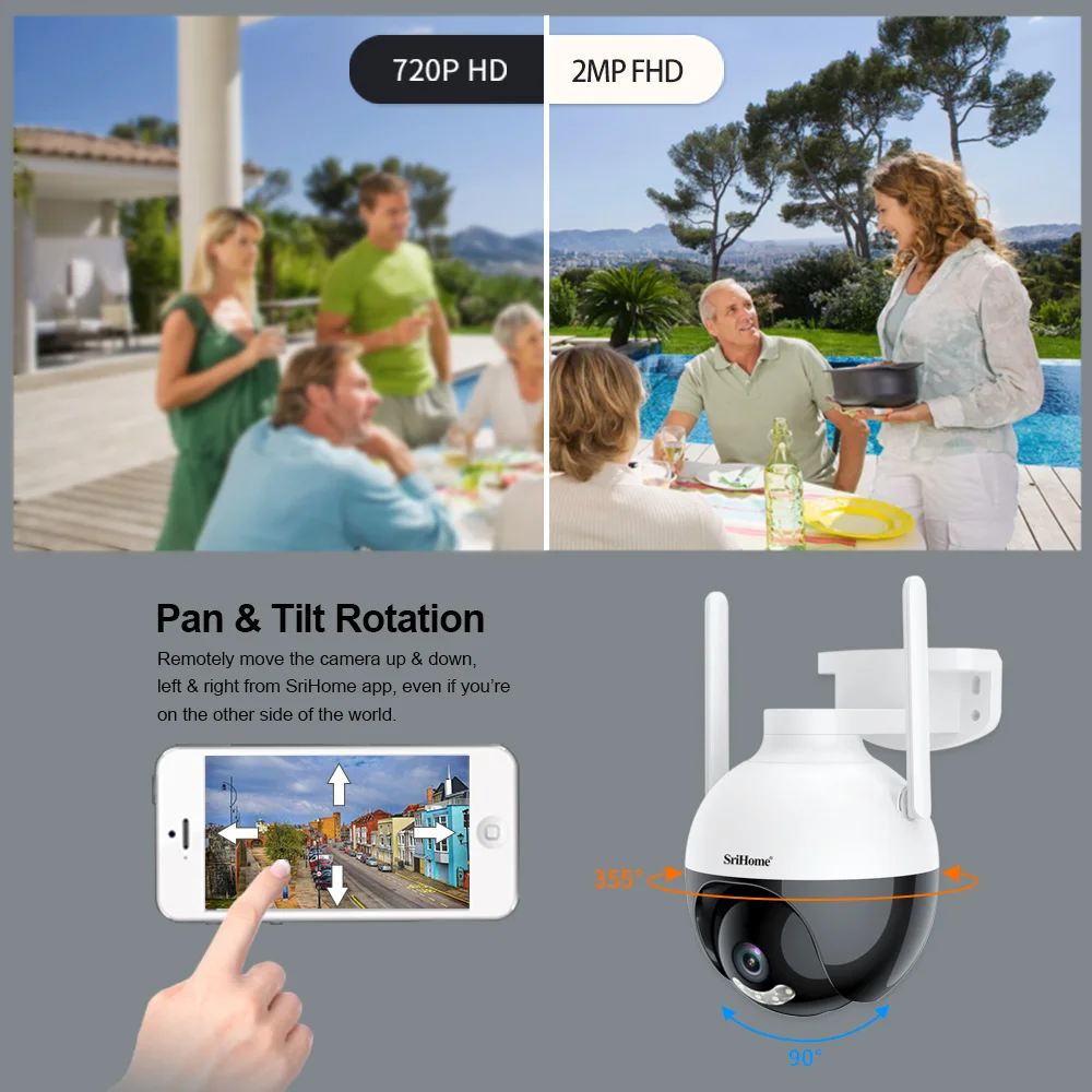 Srihome FHD zewnętrzne Wifi kamera monitorująca noktowizor pełnokolorowa śledząca człowieka 3-krotny Monitor bezpieczeństwa wideo z zoomem cyfrowym