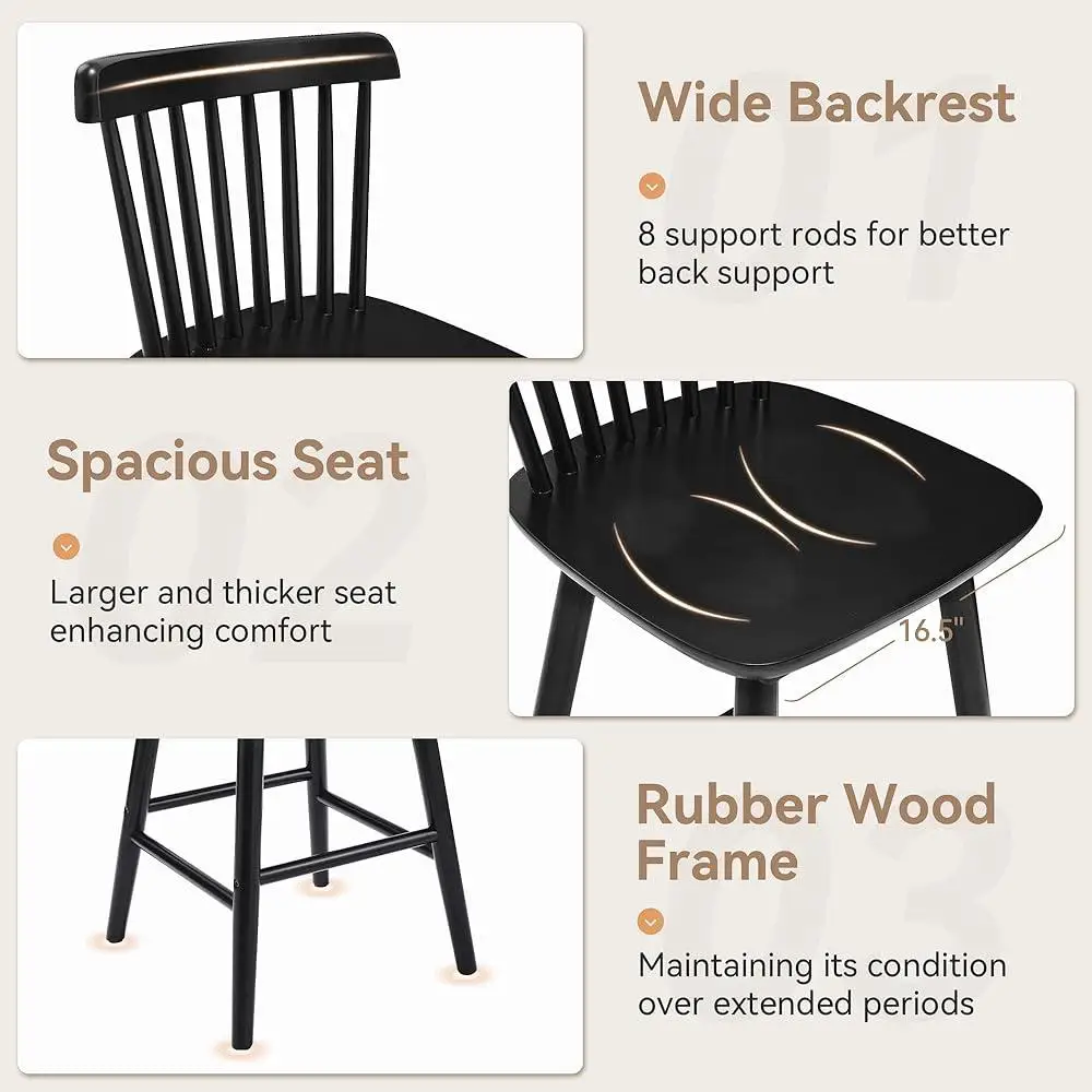 4 Pieces Windsor Wooden Bar Stools Set 24 Inch Counter Height with Comfortable Seating Contoured Backrest Kitchen