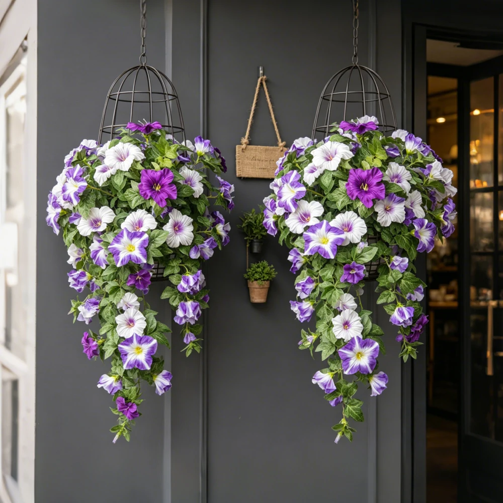 40-48cm Künstliche Blumenranken, künstliche Petunienblüten, Seiden-Begonienblätter, Hängepflanze für die Heimdekoration – Detail 1