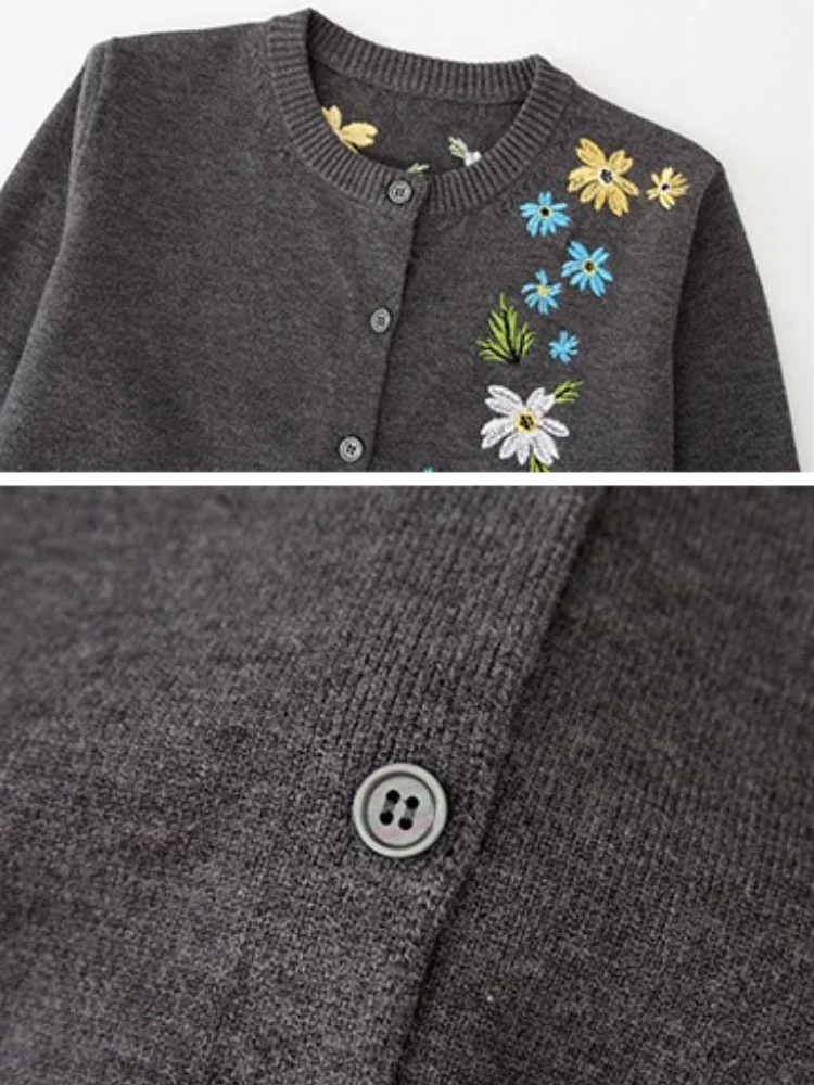 Soft Slouchy Coat Women's Fashion Versatile Flower Embroidered Knitted Sweater New Single Breasted O-Neck Long Sleeve Cardigan