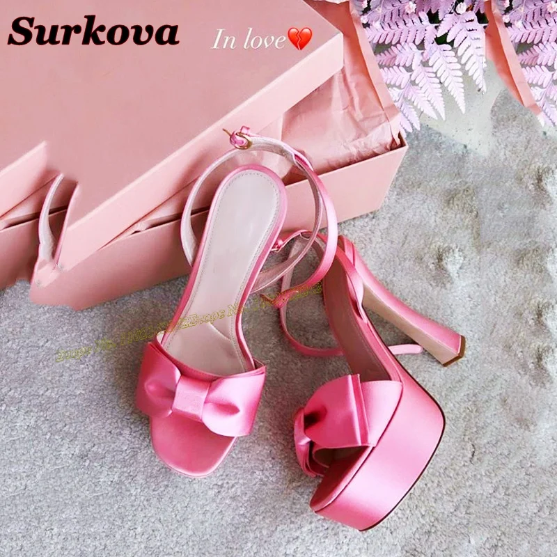 Pink Leather Elegant Sandals Women Round Toe Thick Heel Platform Sandals Ladies Luxury Sexy Simple Dress Satin Women Heels 2024