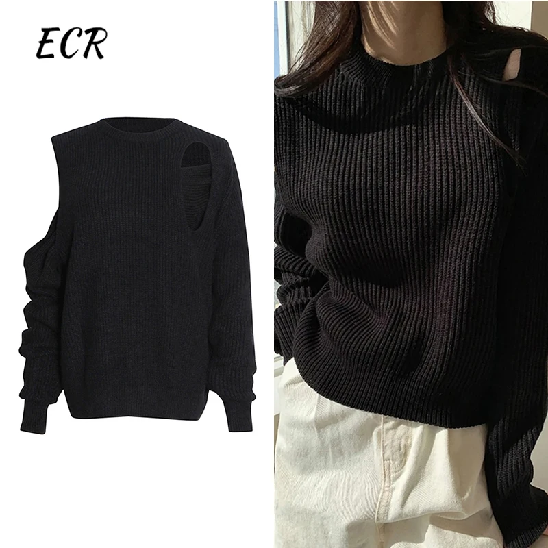 

ECR Solid Hollow Out Slimming Knitting Sweaters For Women Round Neck Long Sleeve Minimalist Casual Sweater Female Fashion New