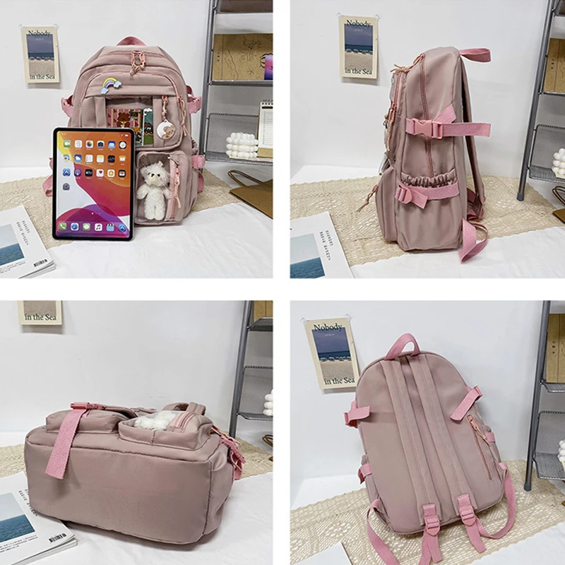 Sac à dos en nylon pour étudiants, sac d'école Preppy, sac de voyage mignon pour fille, pendentif badge