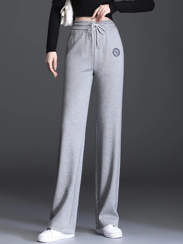 

Grey High Waist Loose Straight Leg Sports Pants Women's Spring Autumn Casual Wide Leg Pants Versatile Comfortable Cotton Blend