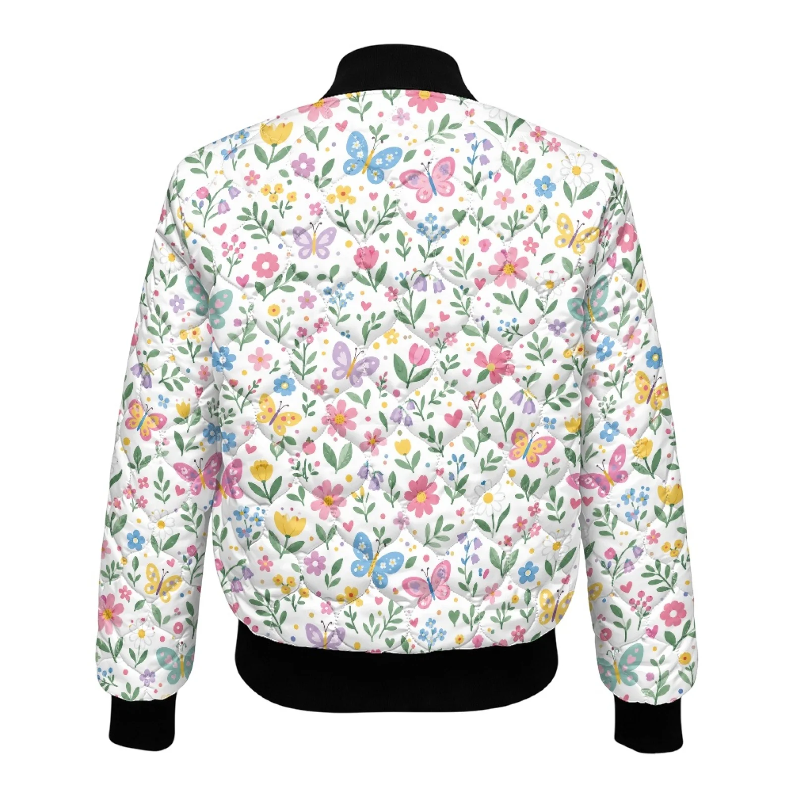 PENSTROLL Floral Butterfly Ladies Quilted Padded Short Bomber Jacket with Pockets Water-Resistant Quilted Jackets for Fall