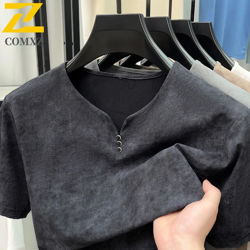 

New Mens Short-sleeved T-shirt Solid Color V-neck Top Summer Casual Breathable Loose Middle-aged Basic Loose Comfortable T-shirt