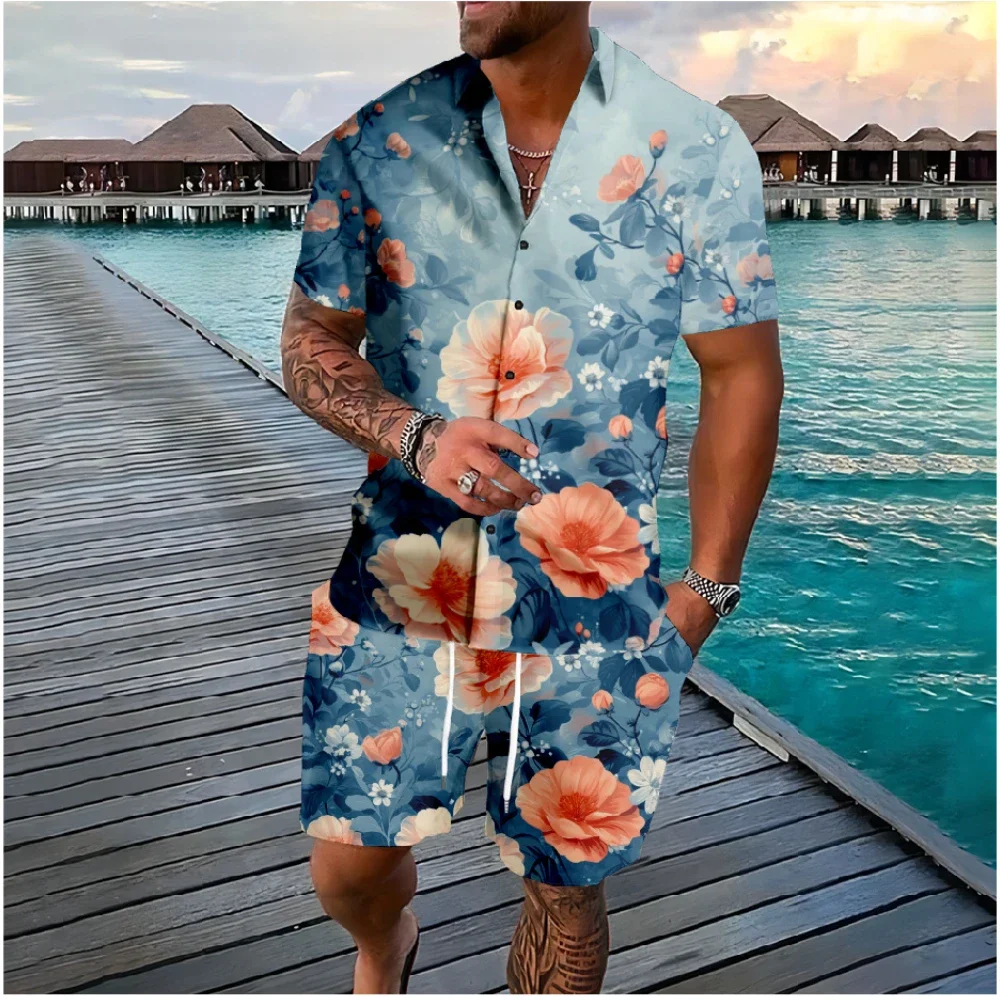 Hawaii bunga multiwarna tombol kemeja celana pendek musim panas motif bunga warna pantai set Hipster Streetwear pakaian olahraga pria