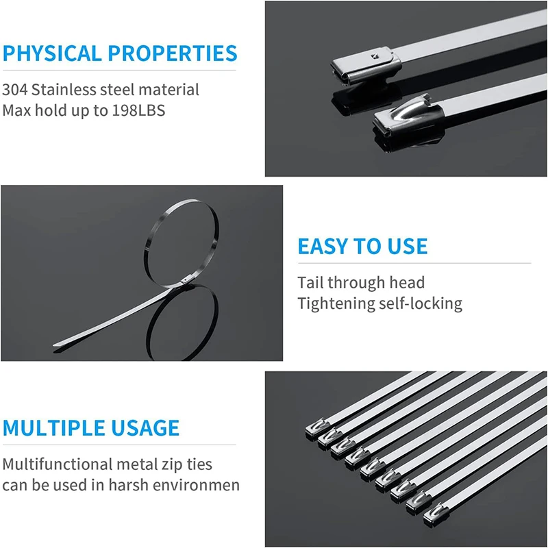 10/20/50/100 pcs 11.8 inch Stainless Steel Zip Ties | Rustproof Heavy Duty Cable Ties for Automotive, Machinery, Outdoor Fence
