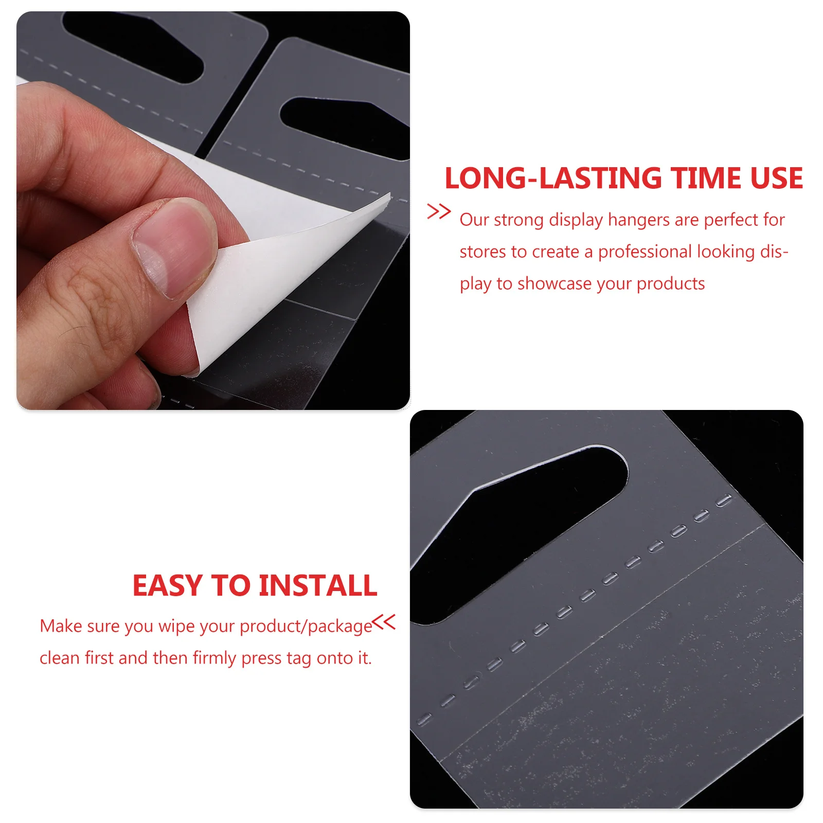 

200Pcs Clear Plastic Hanging Tabs Adhesive Retail Product Display Tags Sticky Hanging Tabs for Store Merchandise