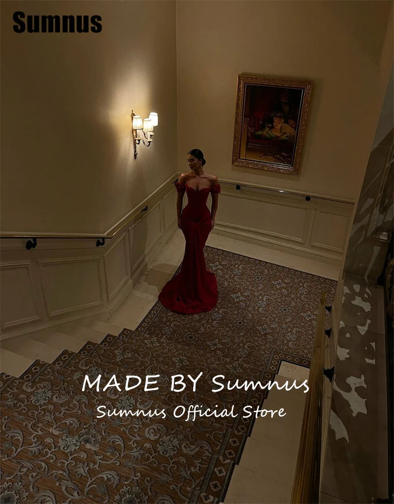 Sumnus エレガントなレッドマーメイドプロムドレス オフショルダー プリーツ フロアレングス フォーマルドレス فساتين سهرة カスタマイズ