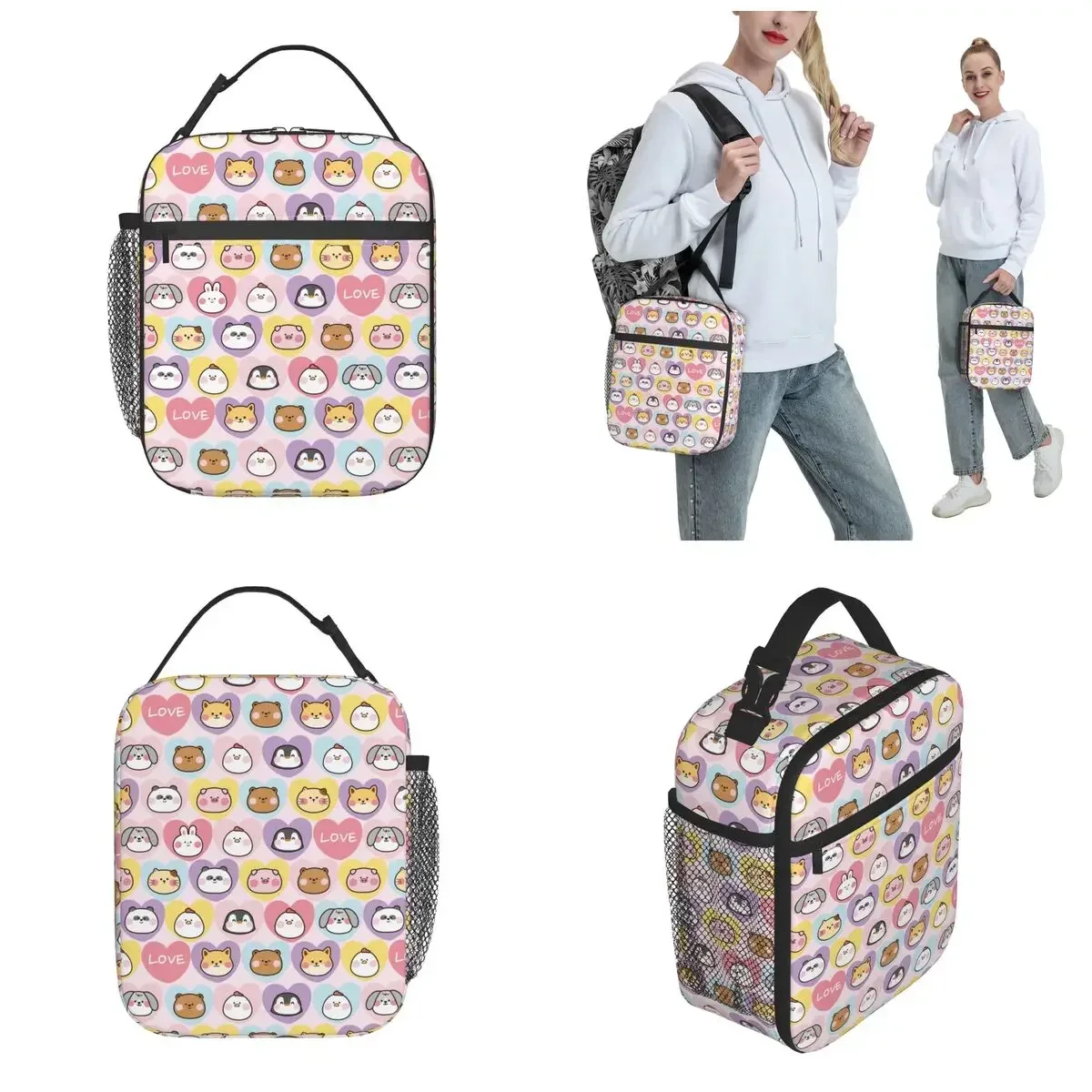 Cute Animal Heart Thermal Insulated Lunch Bag For School Pink Valentine's Romance Theme Bag for Lunch Thermal Cooler Food Box