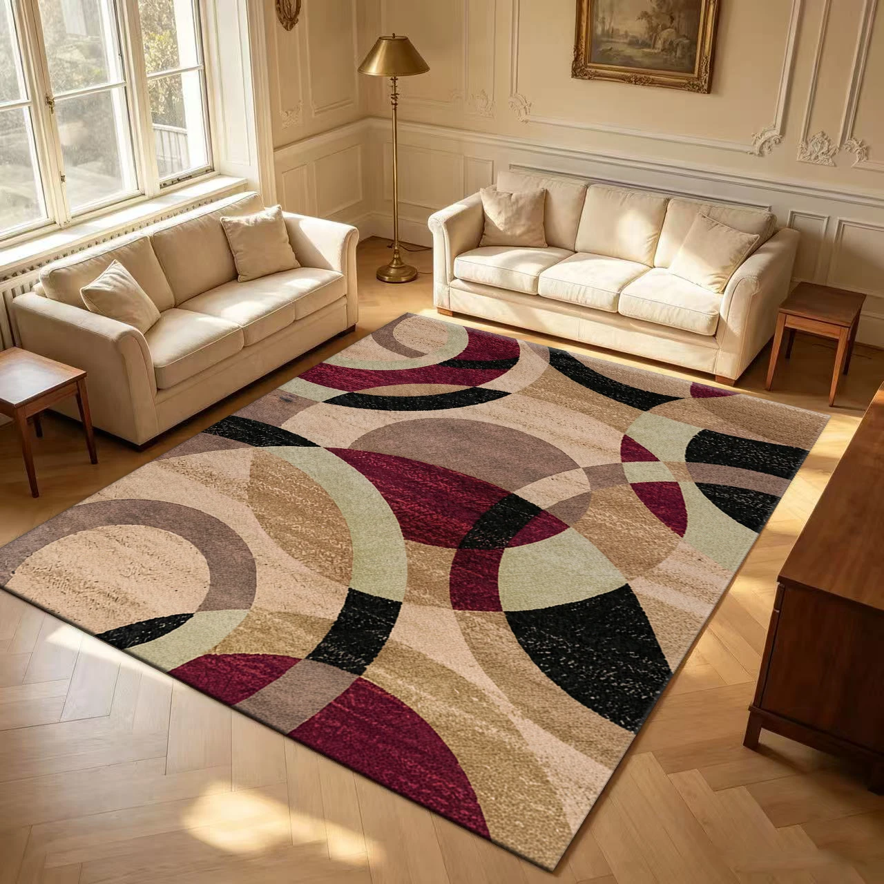 Retro Geometric Round Carpet, Mid-Century Modern Abstract Carpet, Non-Slip, Washable, Living Room and Bedroom Floor Mat
