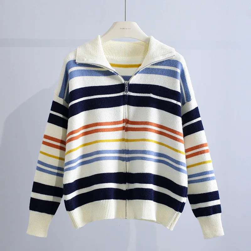 Formal DressesWomen'S Rainbow Stripe Sweater Cardigan, Loose, Relaxed Commuter, Lazy Zipper Knit Coat, Autumn, Winter, New, 2024