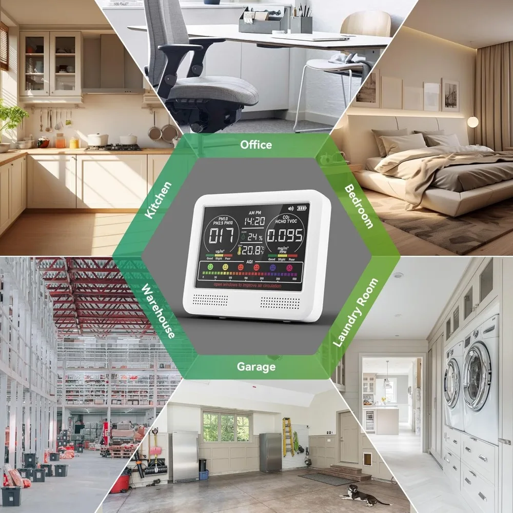 Monitor della qualità dell'aria 16 in 1 per interni con allarme acustico 7AQ, monitor CO2, rilevatore della qualità dell'aria con PM1.0 PM2.5 PM10 |   Temperatura HU