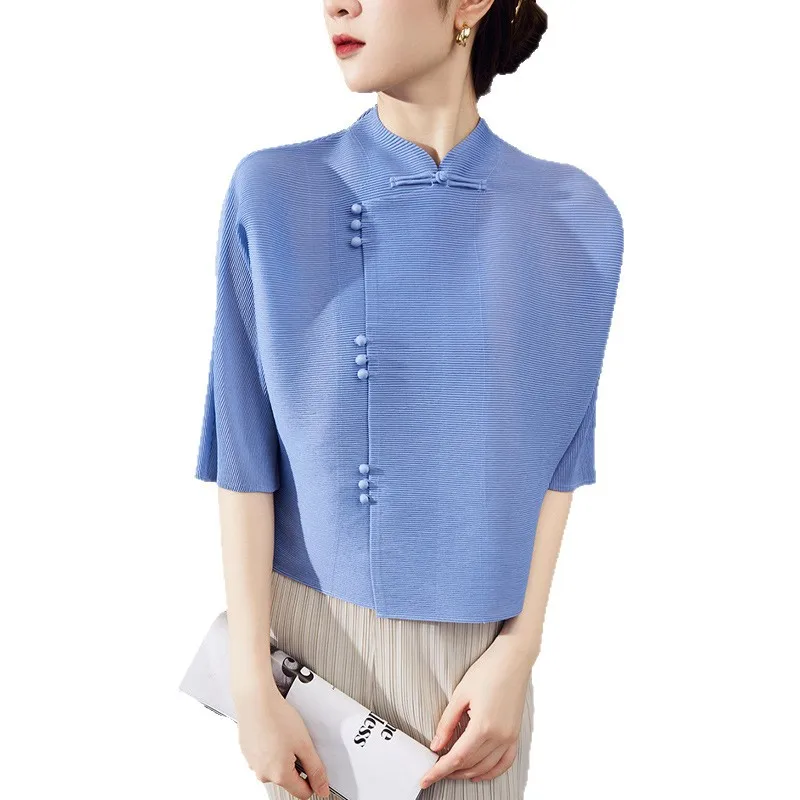 Miyake Pleated Women's Clothing Temperament Shirt, Women's Design Sense, Niche Shirt, Retro Buckle Pleated Top, Women's Cardigan