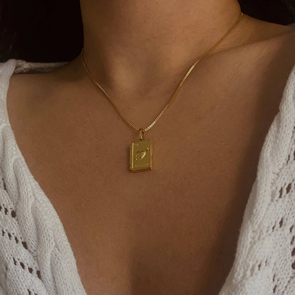 Vintage Moon Heart Square Geometric Photo Frame Locket Necklace for Women Stainless Steel Choker Necklaces Collar Jewelry Gifts