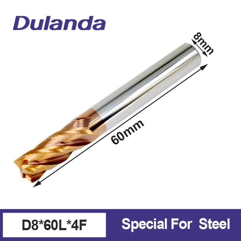 

HRC55 Твердосплавная концевая фреза D8X60L 4-флейтовая фреза с покрытием из сплава стали Режущий инструмент Концевые фрезы с ЧПУ
