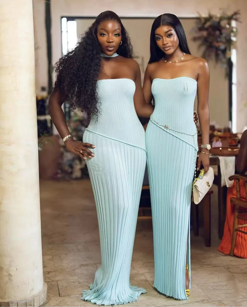 VEITCHE Sommer Frauen Gestrickte lange Kleid Blau Gespleißt Falten Liebsten Ärmellose Hohe Taille Kleid Mode Weibliche Urlaub Kleid